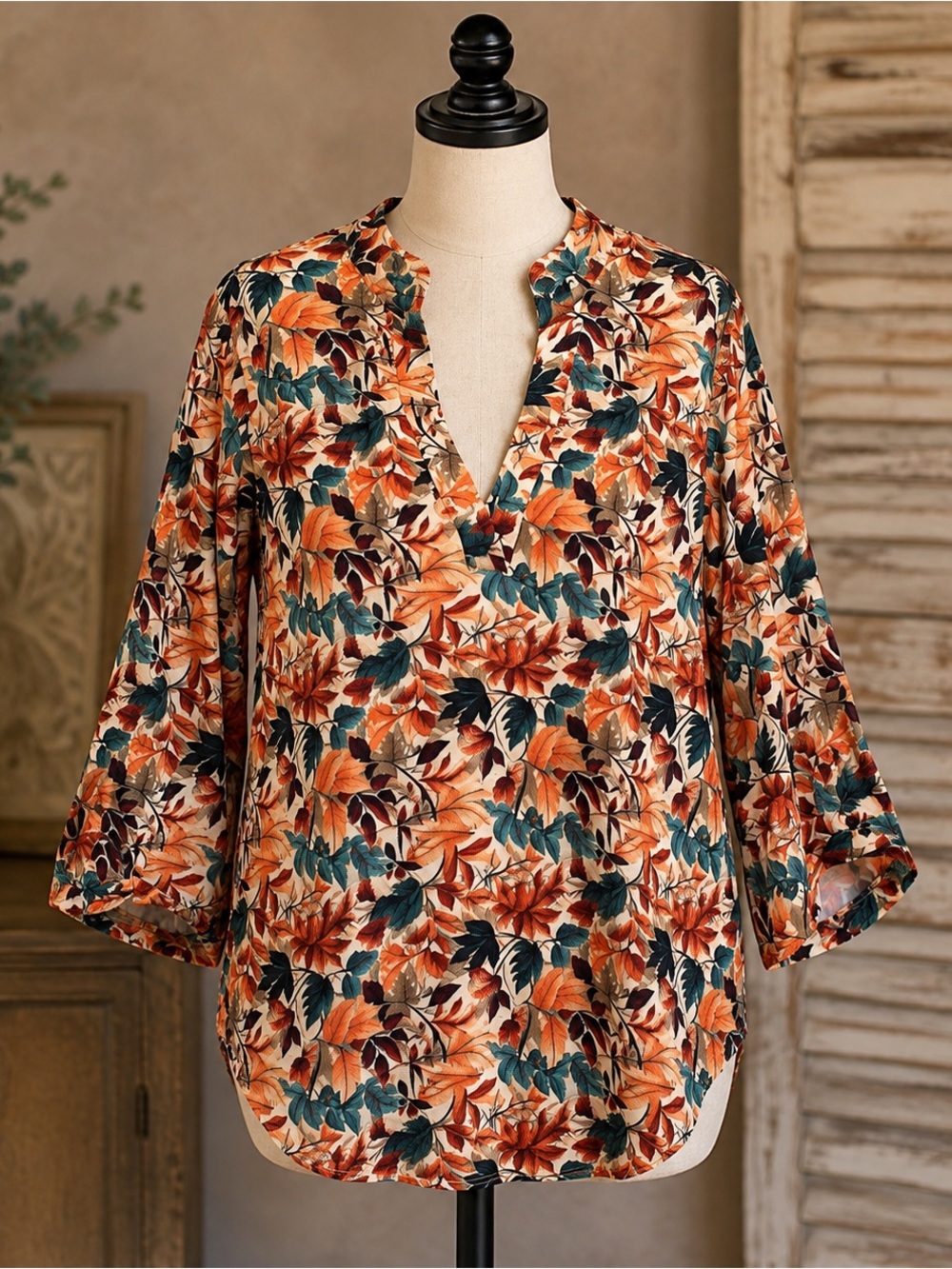 Sterling Creek Fall Leaf Print Boho Artsy V-Neck 3/4 Sleeve Stretch Shirt Sz M